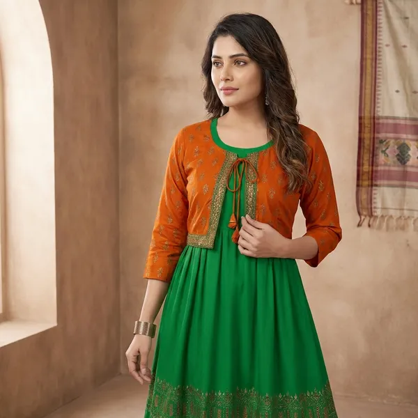 Green_Orange_Cotton_Sleeveless_Dress_With_Short_Jacket_For_Women