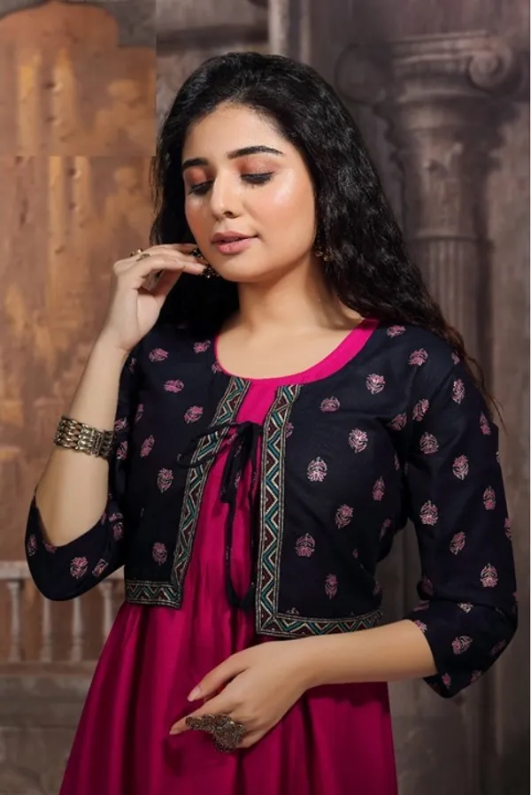 Magenta_Black_Cotton_Sleeveless_Dress_With_Short_Jacket_For_Women