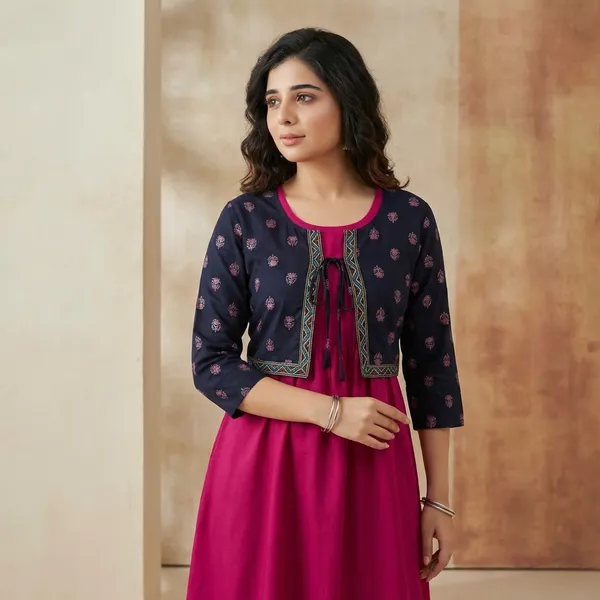 Magenta_Black_Cotton_Sleeveless_Dress_With_Short_Jacket_For_Women