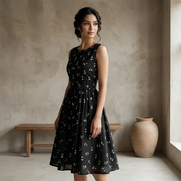 Black_Grey_Floral_Crepe_Dress_For_Women