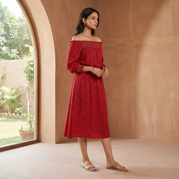 Red_Soft_Cotton_Smocking__Summer_Wear_Dress_For_Women