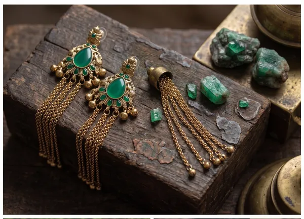Drop_shape_Antique_Gold_with_Kashmiri_Chains_Dark_Green
