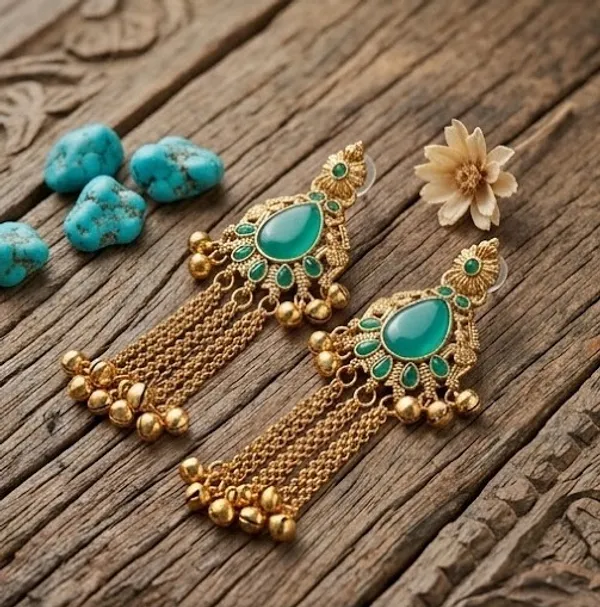 Drop_shape_Antique_Gold_with_Kashmiri_Chains_Dark_Green