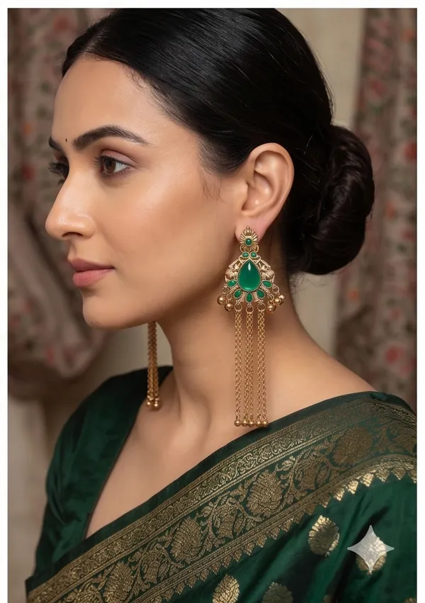 Drop_shape_Antique_Gold_with_Kashmiri_Chains_Dark_Green