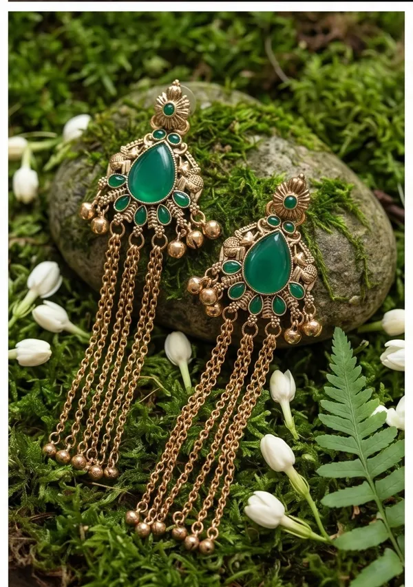 Drop_shape_Antique_Gold_with_Kashmiri_Chains_Dark_Green