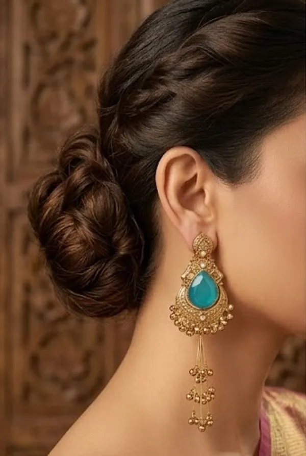 Drop_shape_Firozi_Stone_Golden_with_Kashmiri_Chains