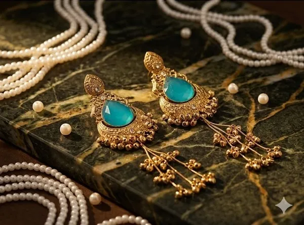 Drop_shape_Firozi_Stone_Golden_with_Kashmiri_Chains