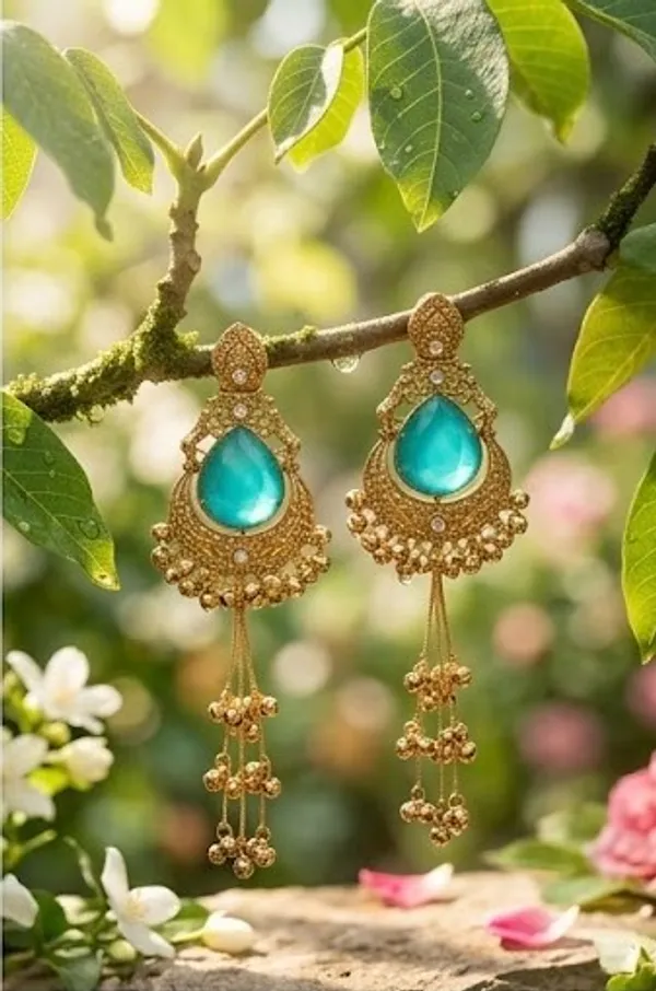 Drop_shape_Firozi_Stone_Golden_with_Kashmiri_Chains