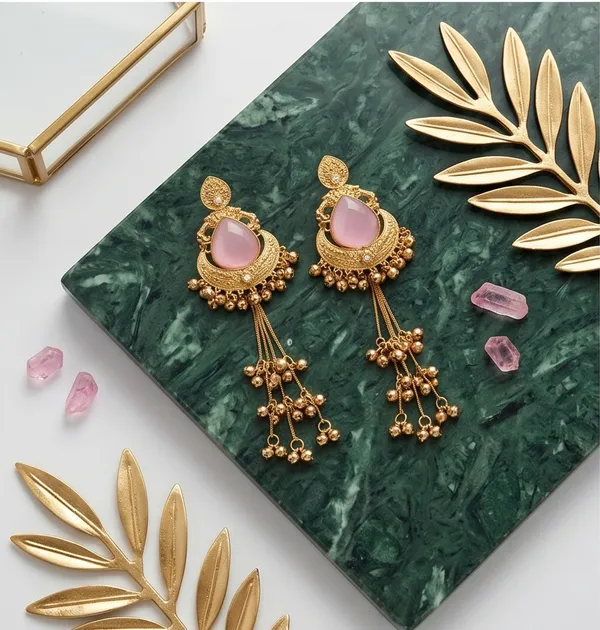 Drop_shape_Pink_Stone_Golden_with_Kashmiri_Chains