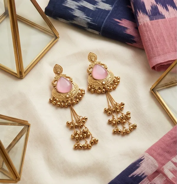 Drop_shape_Pink_Stone_Golden_with_Kashmiri_Chains