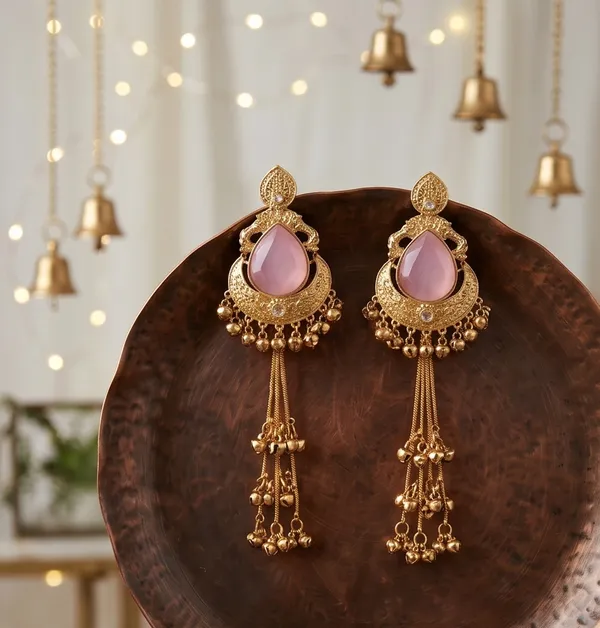 Drop_shape_Pink_Stone_Golden_with_Kashmiri_Chains