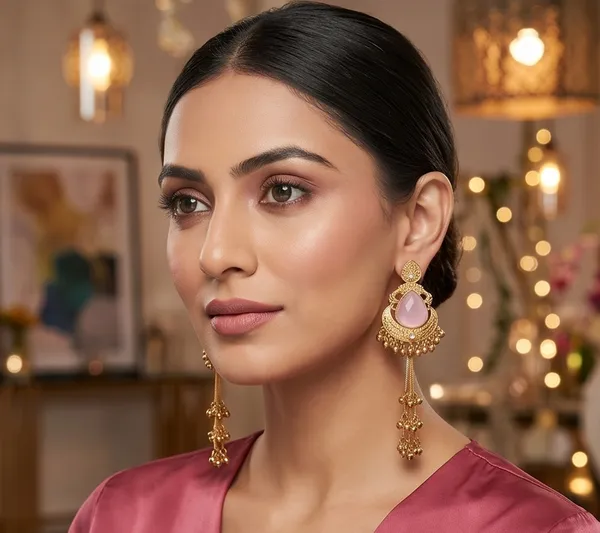 Drop_shape_Pink_Stone_Golden_with_Kashmiri_Chains