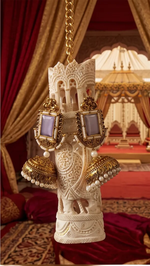 Vertical_Rectangle_Purple_Stone_Antique_Golden_Jhumka