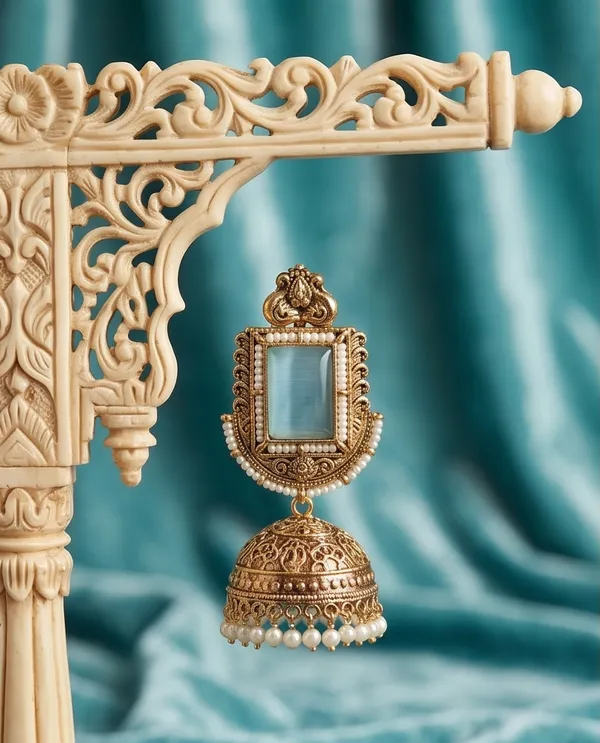 Vertical_Rectangle_Sky_Blue_Stone_Antique_Golden_Jhumka