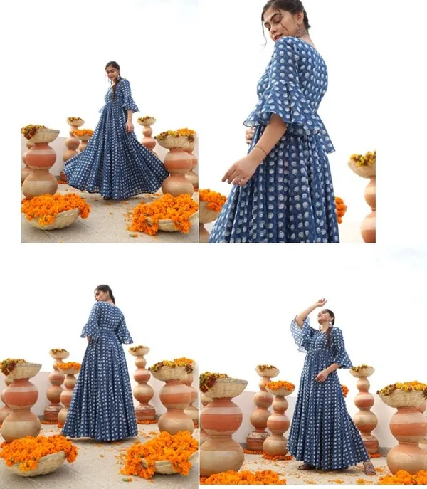 Blue_White_Rose_Rayon_And_Cotton_Printed_Gown_For_Women