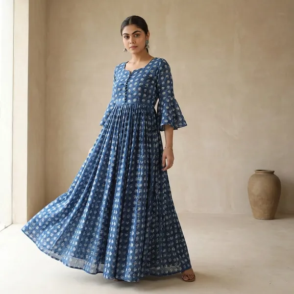 Blue_White_Rose_Rayon_And_Cotton_Printed_Gown_For_Women