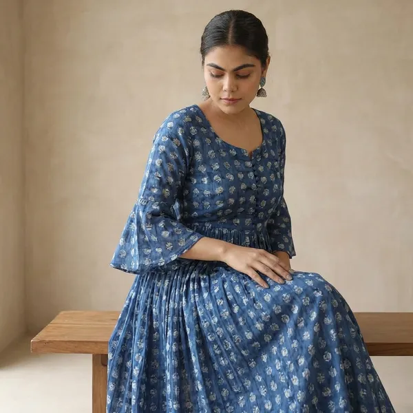 Blue_White_Rose_Rayon_And_Cotton_Printed_Gown_For_Women