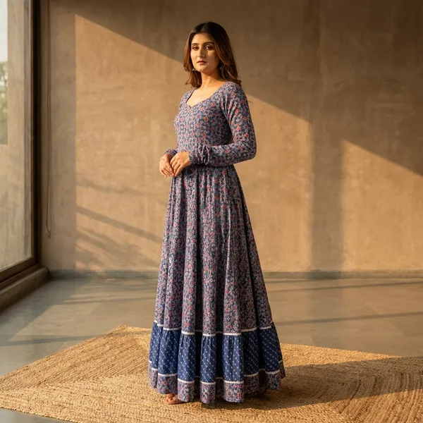 Dark_Blue_Rayon_And_Cotton_Printed_Gown_For_Women