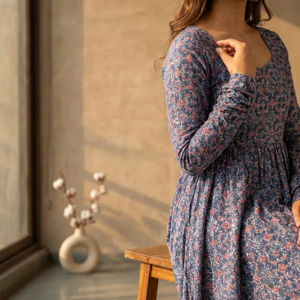 Dark_Blue_Rayon_And_Cotton_Printed_Gown_For_Women