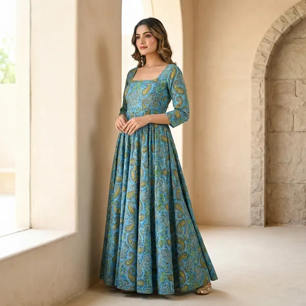 Sky_Blue_Rayon_And_Cotton_Printed_Gown_For_Women