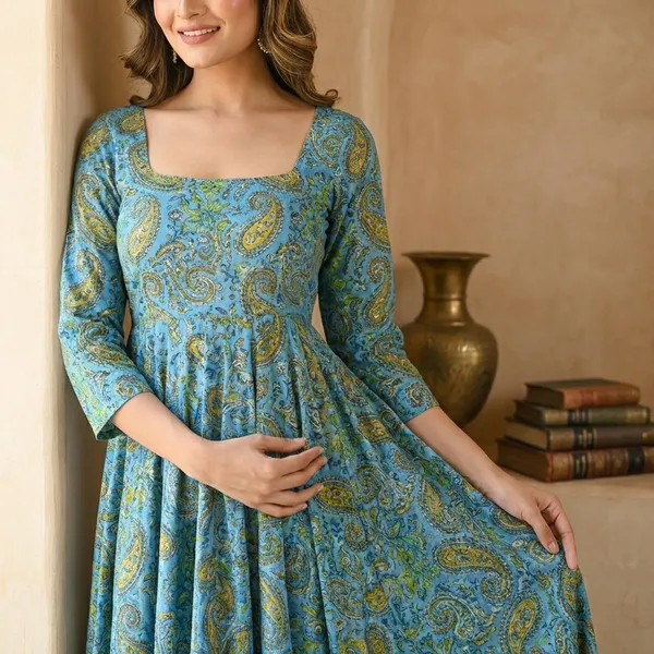 Sky_Blue_Rayon_And_Cotton_Printed_Gown_For_Women