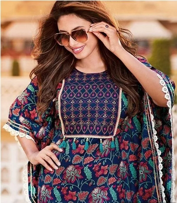 (CNE-26-WKftn-0020)_Printed_With_Gotapatti_Cotton_Kaftan_-_Navy_Blue_-