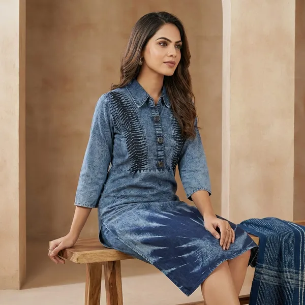 Blue_Denim_Shirt_Collar_Kurta_For_Women