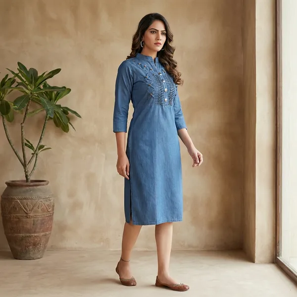 Blue_Denim_Wooden_Beads_Kurta_For_Women