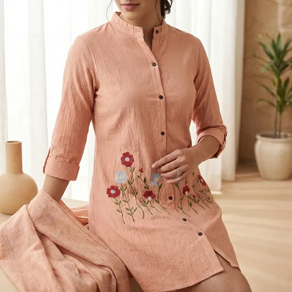 Peach_Geogette_Long_Embroidery_Shirt_For_Women