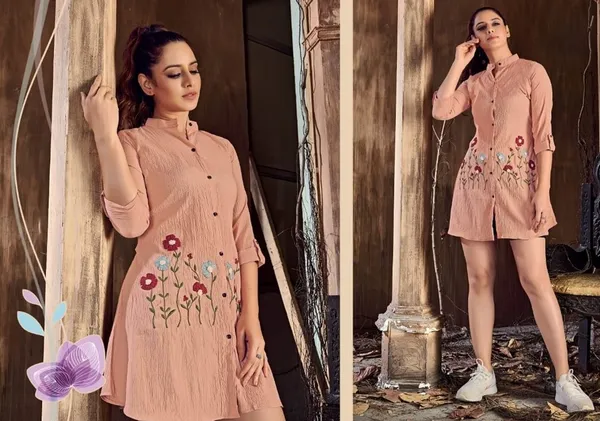 Peach_Geogette_Long_Embroidery_Shirt_For_Women
