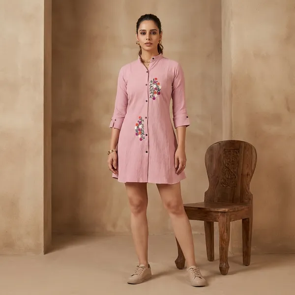 Pink_Geogette_Long_Embroidery_Shirt_For_Women