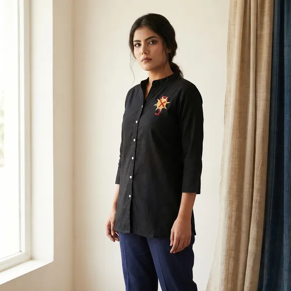 Black_Rayon_Broach_Embroidery_Summer_Shirt_For_Women
