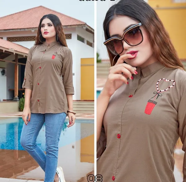 Brown_Rayon_Broach_Embroidery_Shirt_For_Women