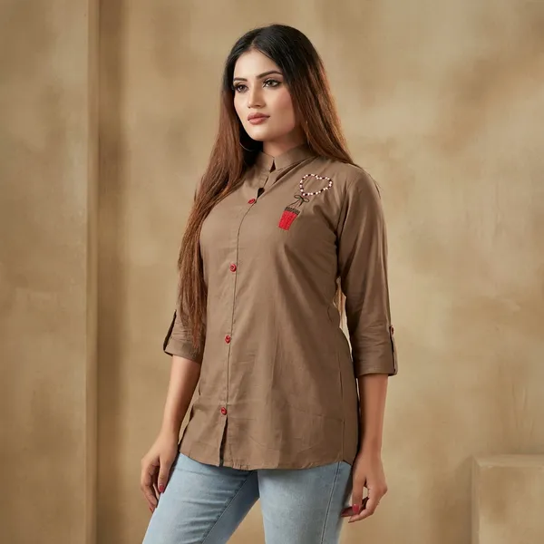 Brown_Rayon_Broach_Embroidery_Shirt_For_Women