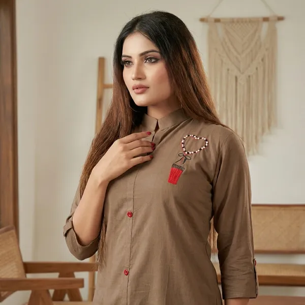 Brown_Rayon_Broach_Embroidery_Shirt_For_Women