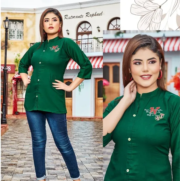 Dark_Green_Rayon_Broach_Embroidery__Summer_Wear_Shirt_For_Women