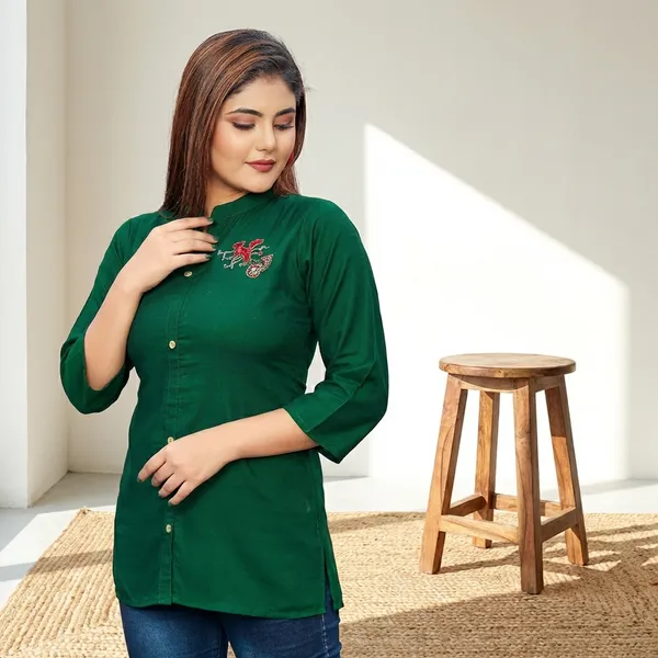 Dark_Green_Rayon_Broach_Embroidery__Summer_Wear_Shirt_For_Women