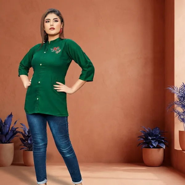 Dark_Green_Rayon_Broach_Embroidery__Summer_Wear_Shirt_For_Women