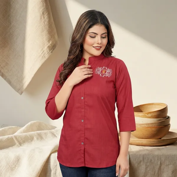 English_Pink_Rayon_Broach_Embroidery_Summer_Shirt_For_Women