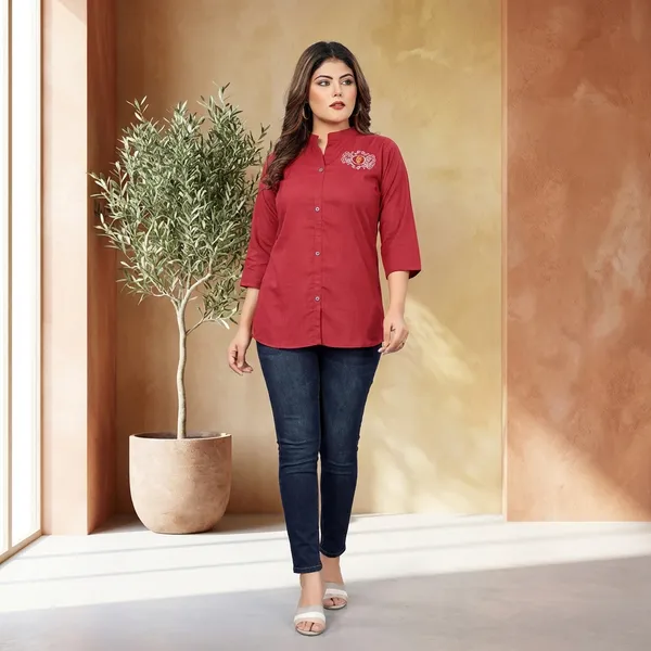 English_Pink_Rayon_Broach_Embroidery_Summer_Shirt_For_Women