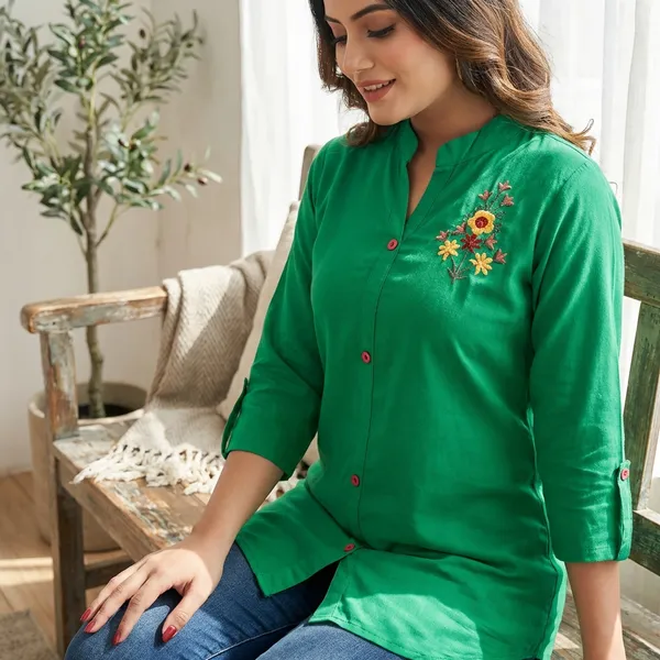 Light_Green_Rayon_Broach_Embroidery__Summer_Wear_Shirt_For_Women