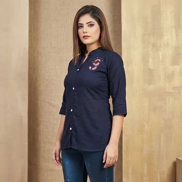 Navy_Blue_Rayon_Broach_Embroidery__Summer_Wear_Shirt_For_Women