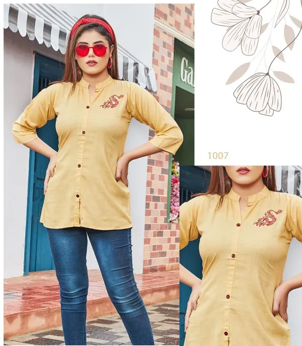 Ocre_Yellow_Rayon_Broach_Embroidery__Summer_Wear_Shirt_For_Women