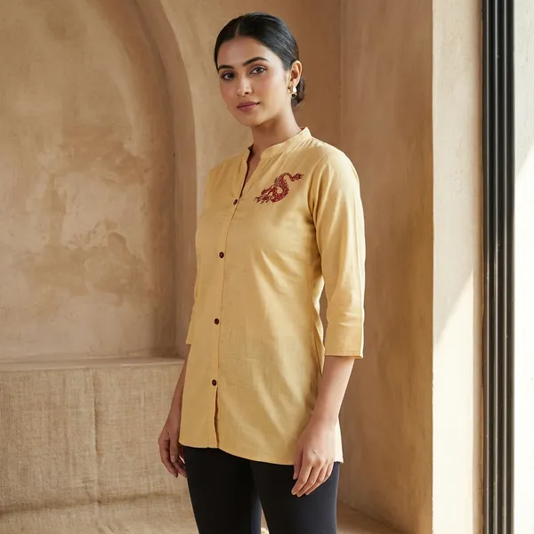 Ocre_Yellow_Rayon_Broach_Embroidery__Summer_Wear_Shirt_For_Women
