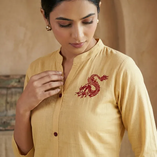 Ocre_Yellow_Rayon_Broach_Embroidery__Summer_Wear_Shirt_For_Women