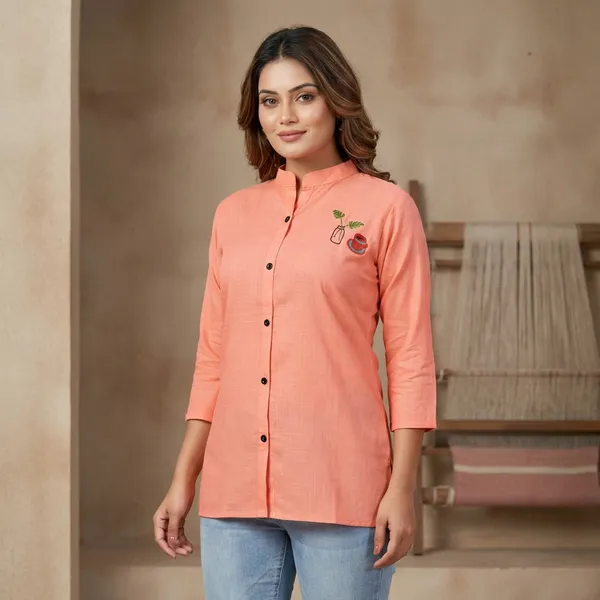Peach_Rayon_Broach_Embroidery_Summer_Shirt_For_Women