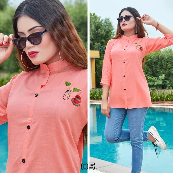 Peach_Rayon_Broach_Embroidery_Summer_Shirt_For_Women