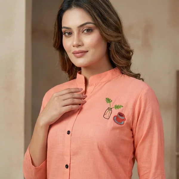 Peach_Rayon_Broach_Embroidery_Summer_Shirt_For_Women