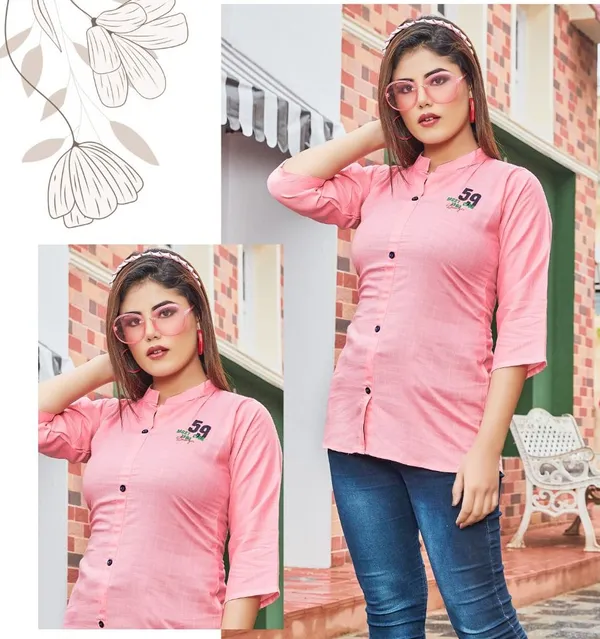 Pink_Rayon_Brooch_Embroidery__Summer_Wear_Shirt_For_Women