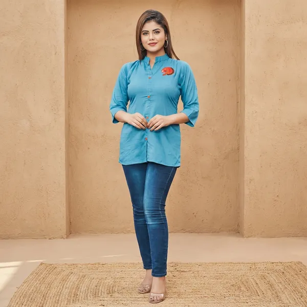 Sky_Blue_Rayon_Broach_Embroidery__Summer_Wear_Shirt_For_Women